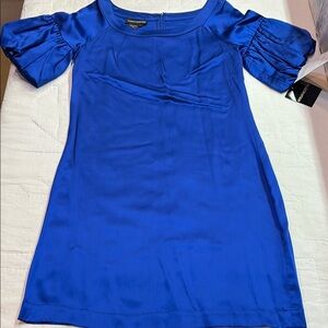 Morgan McFeeters Vibrant Blue 100% Silk Mini Dress Ruched Puff Sleeve NWT Size 4